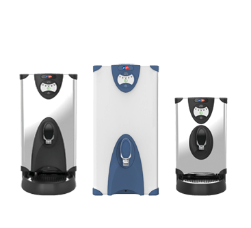 Three AquAid water coolers of varying sizes on a white background.